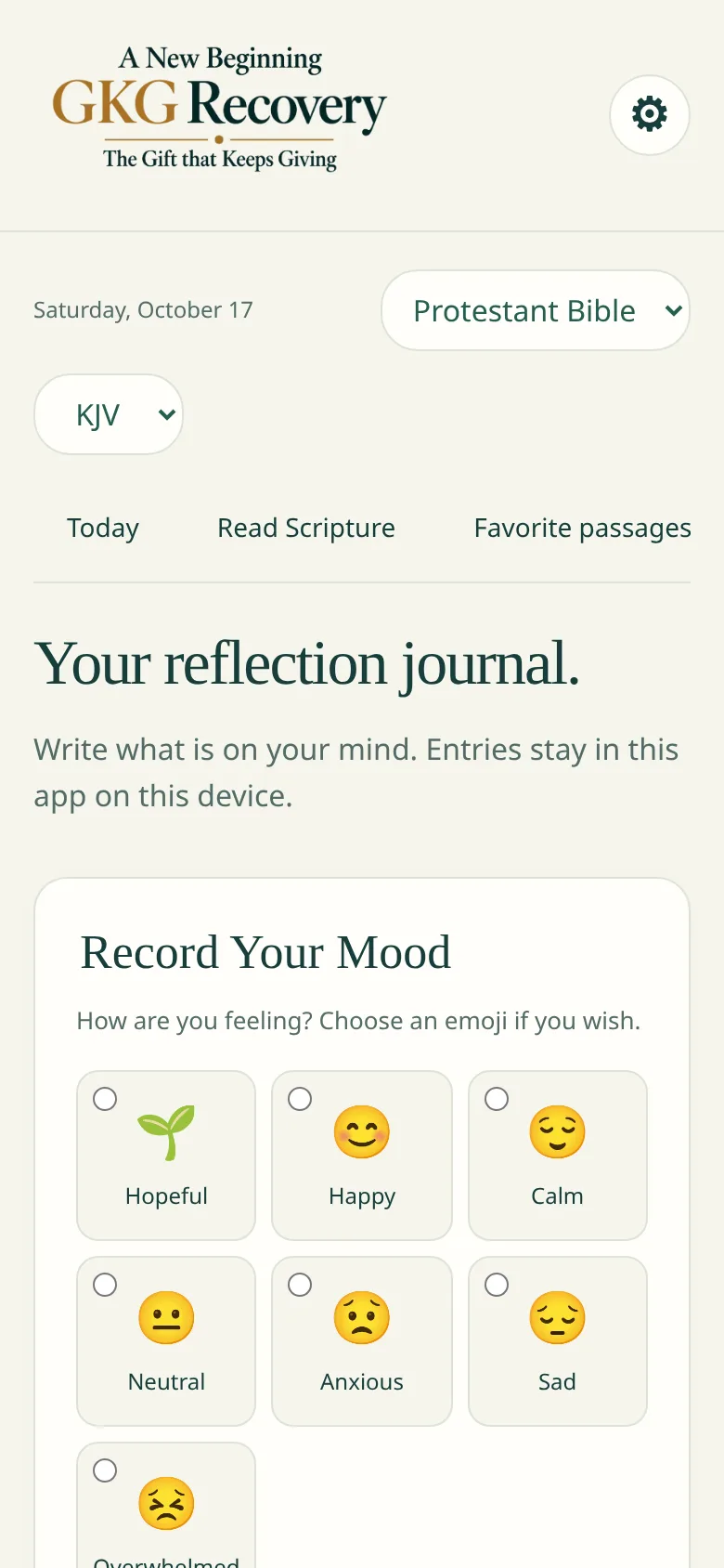 Reflection journal screen: record your mood with emoji choices.
