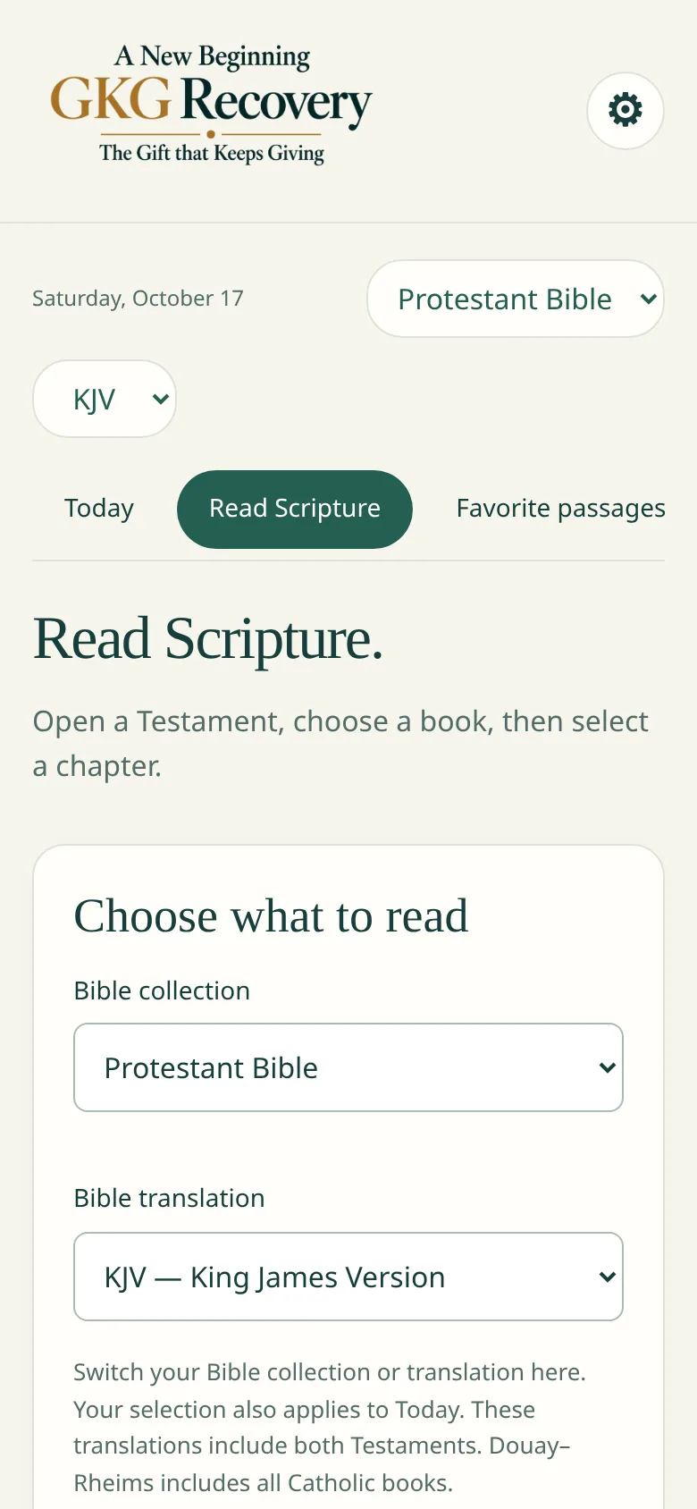 Read Scripture screen: choose a Bible collection and translation.