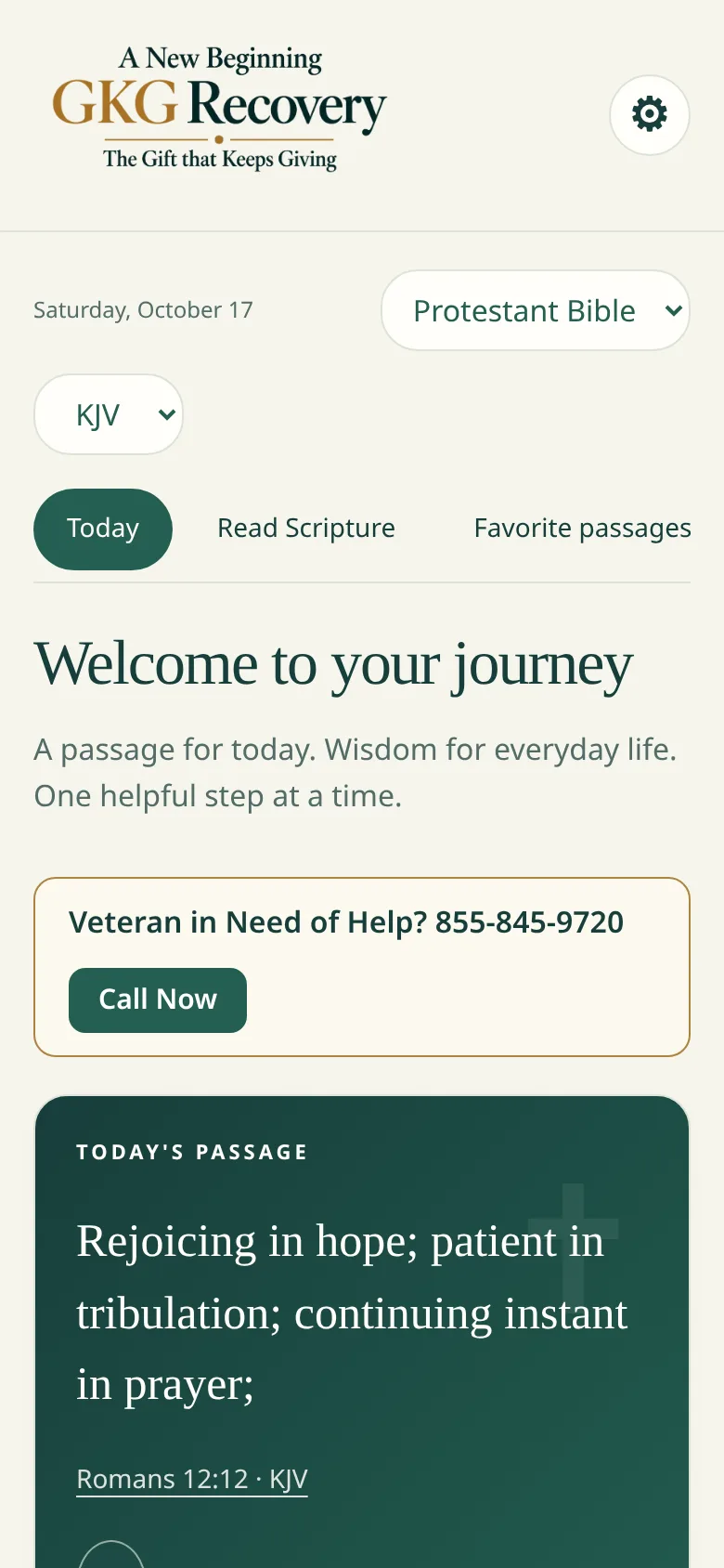 GKG Recovery Today screen showing the Veteran in Need of Help call button and today's passage.